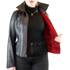 Giacca Reversibile Sfiancata Modello Africa Da Donna Fatta A Mano In Pelle Di Renna E Agnello Rossa E Nera
