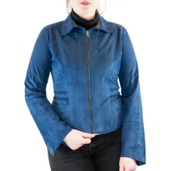 Giacca Sfiancata Reversibile Modello Africa Da Donna Fatta A Mano In Pelle Di Renna E Agnello Blu