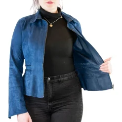 Giacca Sfiancata Reversibile Modello Africa Da Donna Fatta A Mano In Pelle Di Renna E Agnello Blu