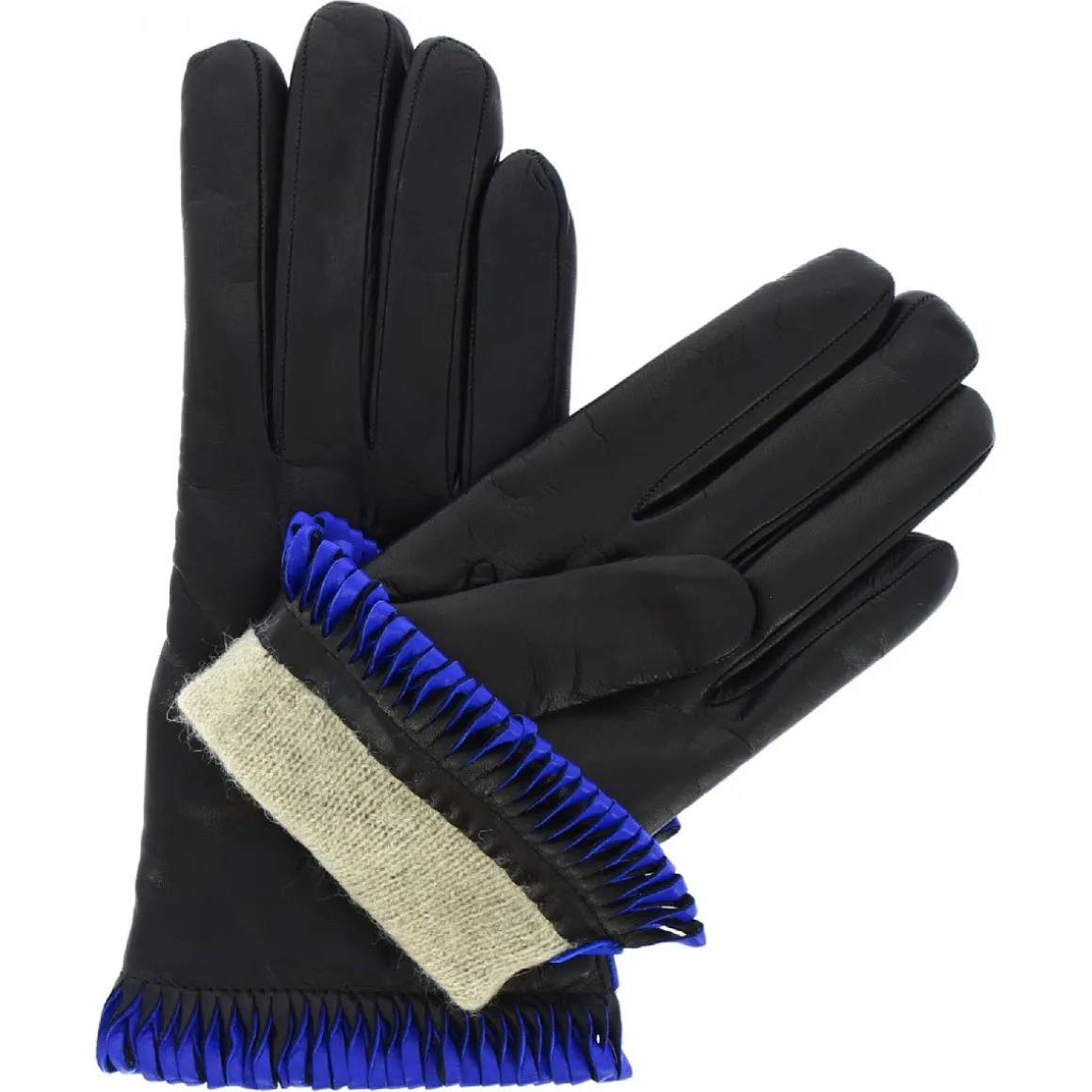 Guanti Da Donna Fatti A Mano In Nappa Nera Con Bordo Blu