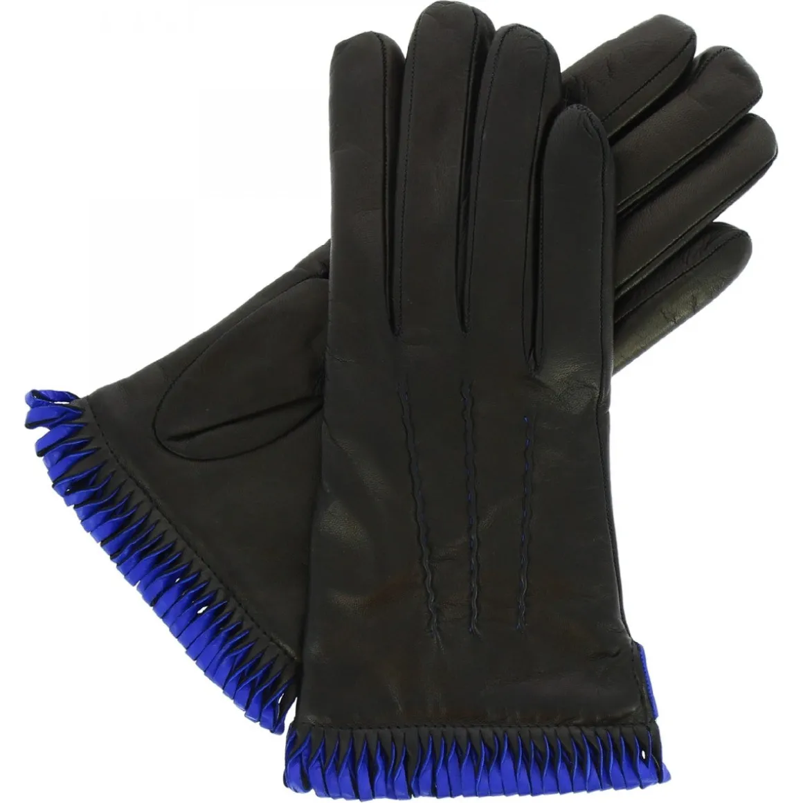 Guanti Da Donna Fatti A Mano In Nappa Nera Con Bordo Blu