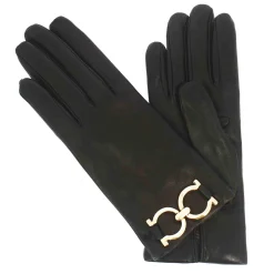 Guanto Da Donna In Pelle Colore Nero Con Morsetto Colore Oro E Fodere In Cashmere
