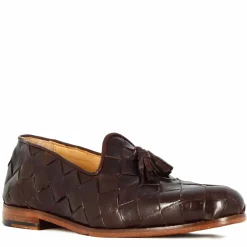 Mocassini Da Uomo Con Nappine In Pelle Intrecciata Colore Marrone Scuro