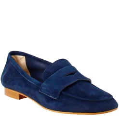 Mocassino Artigianale Da Donna In Camoscio Color Blu Scuro Fatto A Mano.