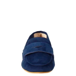 Mocassino Artigianale Da Donna In Camoscio Color Blu Scuro Fatto A Mano.