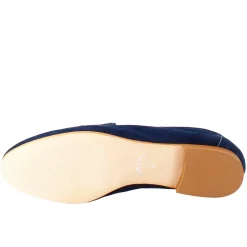 Mocassino Artigianale Da Donna In Camoscio Color Blu Scuro Fatto A Mano.