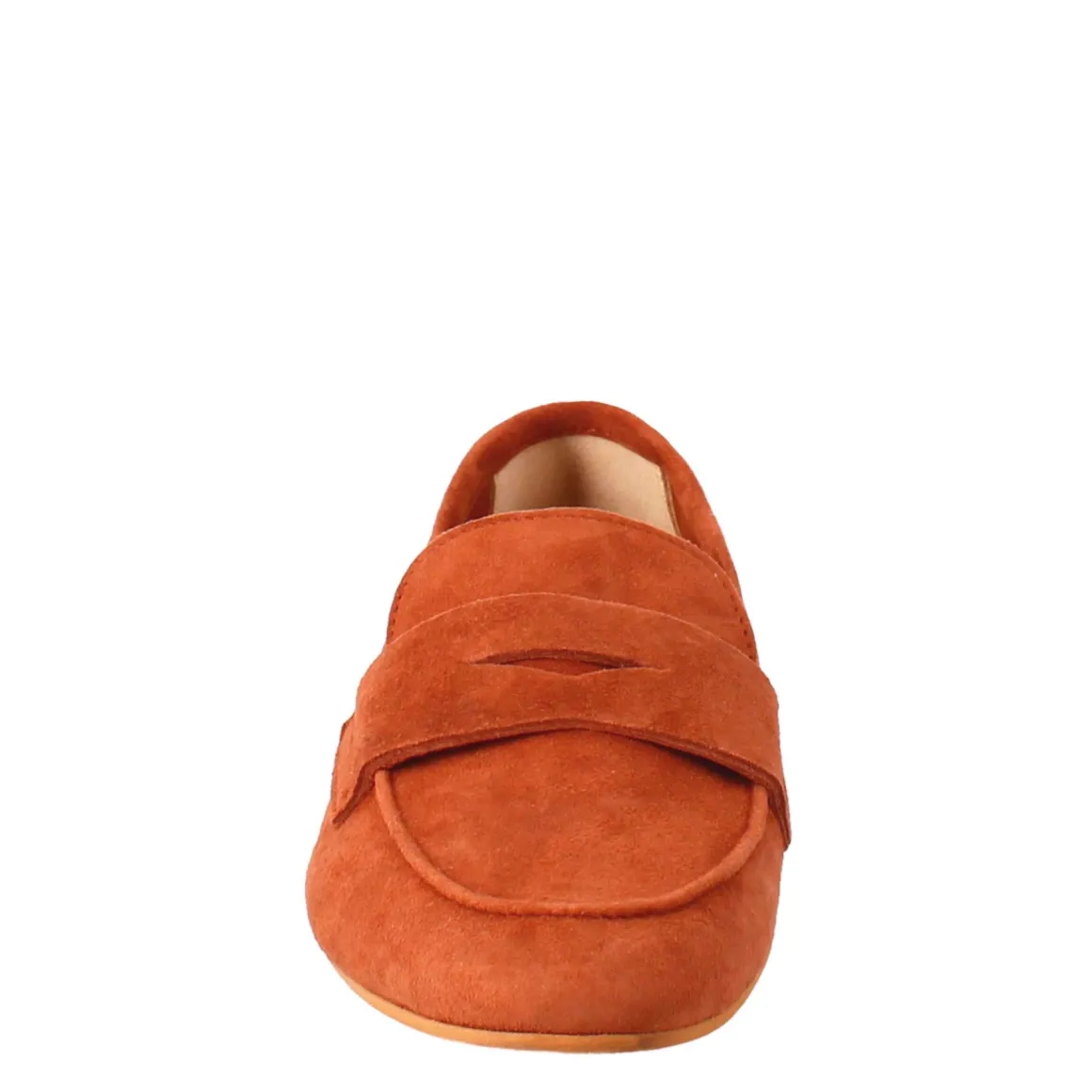 Mocassino Artigianale Da Donna In Camoscio Color Cuoio Fatto A Mano.