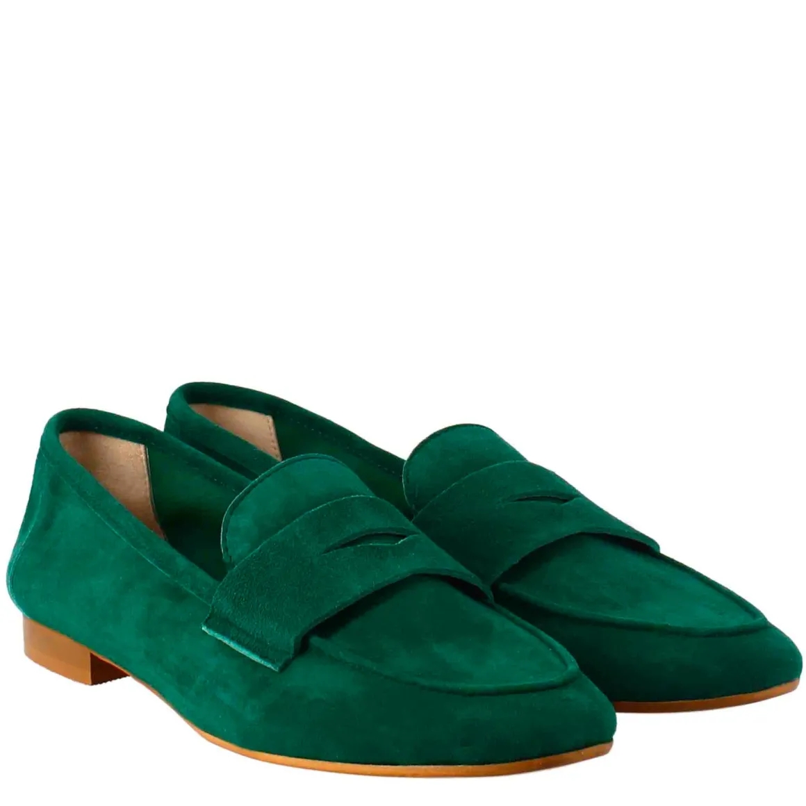 Mocassino Artigianale Da Donna In Camoscio Color Verde Fatto A Mano.