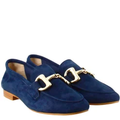 Mocassino Da Donna In Pelle Scamosciata Blu Con Fibbia Oro