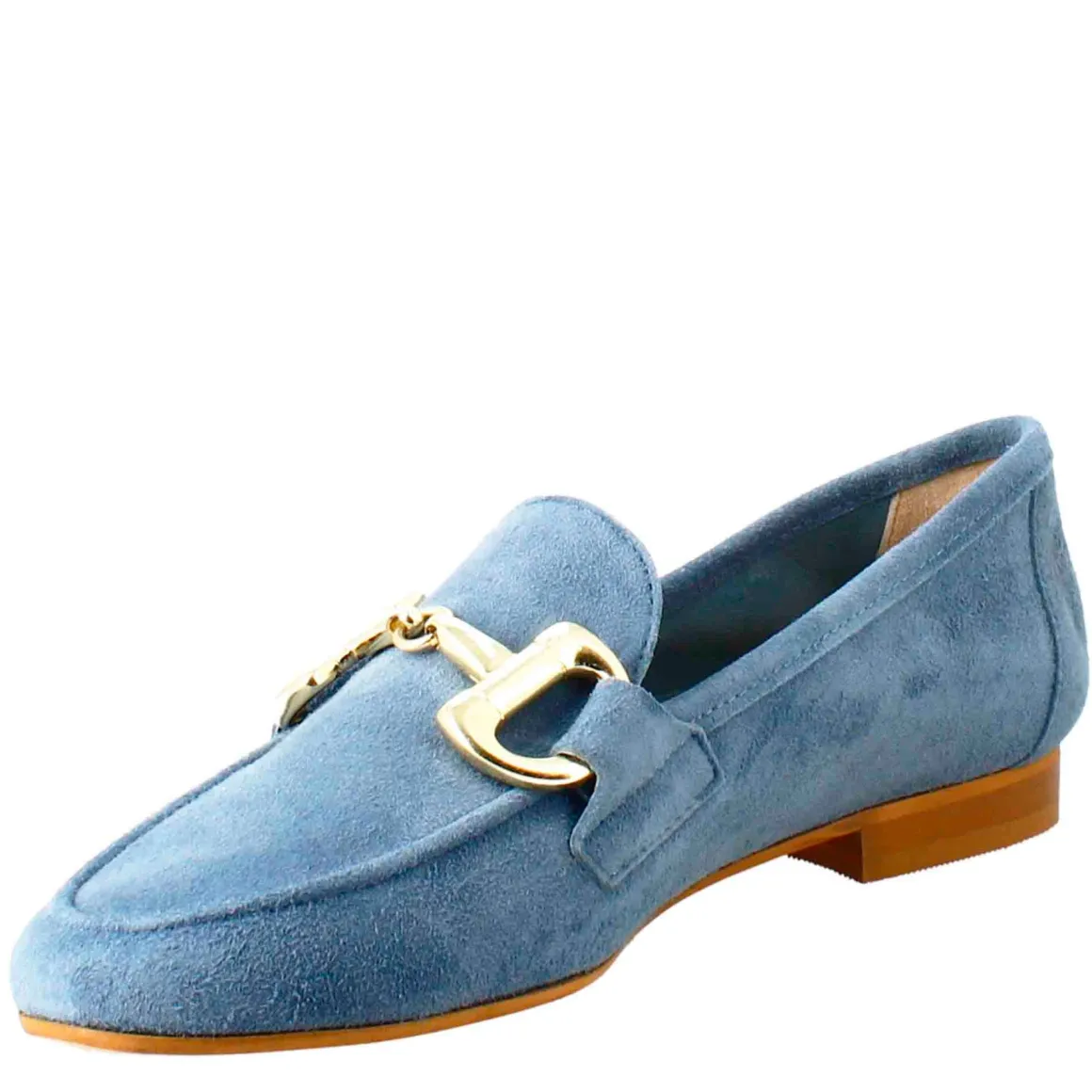 Mocassino Da Donna In Pelle Scamosciata Celeste Con Fibbia Oro