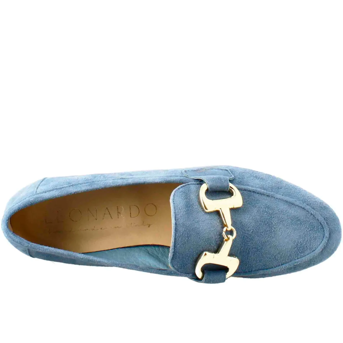 Mocassino Da Donna In Pelle Scamosciata Celeste Con Fibbia Oro