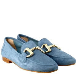 Mocassino Da Donna In Pelle Scamosciata Celeste Con Fibbia Oro