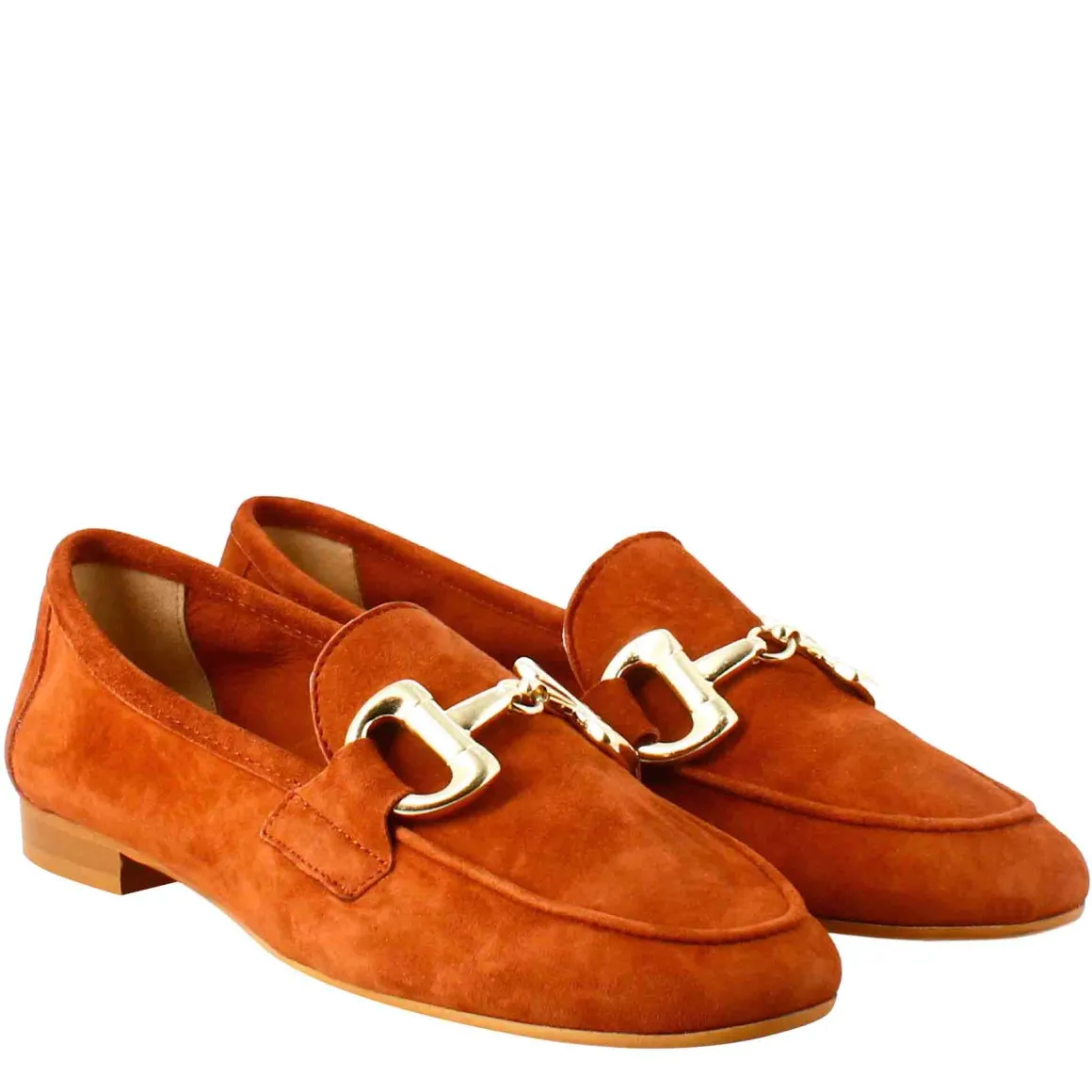 Mocassino Da Donna In Pelle Scamosciata Marrone Con Fibbia Oro