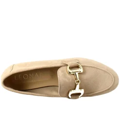 Mocassino Da Donna In Pelle Scamosciata Taupe Con Fibbia Oro