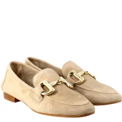 Mocassino Da Donna In Pelle Scamosciata Taupe Con Fibbia Oro