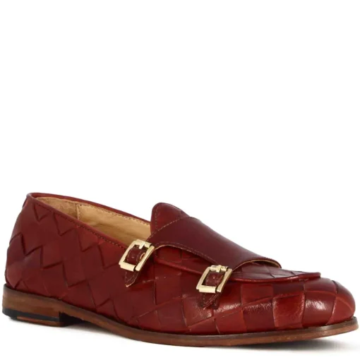 Mocassino Da Uomo In Pelle Intrecciata Con Doppia Fibbia Colore Rosso