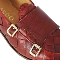 Mocassino Da Uomo In Pelle Intrecciata Con Doppia Fibbia Colore Rosso