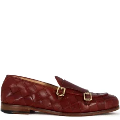 Mocassino Da Uomo In Pelle Intrecciata Con Doppia Fibbia Colore Rosso