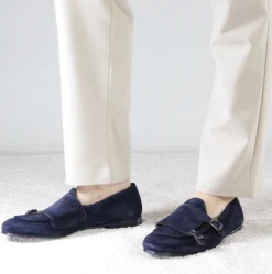 Mocassino Da Uomo In Pelle Scamosciata Colore Blu Con Doppia Fibbia