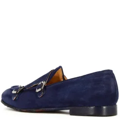 Mocassino Da Uomo In Pelle Scamosciata Colore Blu Con Doppia Fibbia