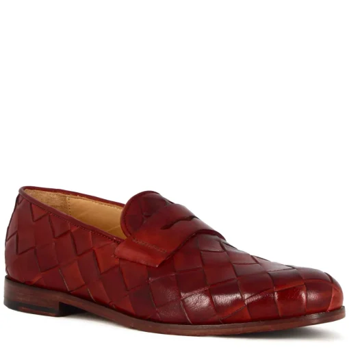 Mocassino Da Uomo In Pelle Intrecciata Colore Rosso Fatti A Mano