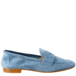 Mocassino Flessibile Da Donna In Pelle Scamosciata Celeste E Fondo In Gomma