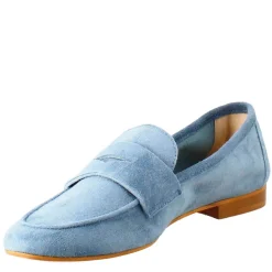 Mocassino Flessibile Da Donna In Pelle Scamosciata Celeste E Fondo In Gomma