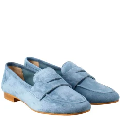 Mocassino Flessibile Da Donna In Pelle Scamosciata Celeste E Fondo In Gomma
