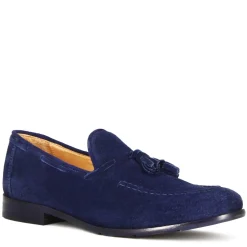 Mocassino In Pelle Scamosciata Fatto A Mano Con Nappine Colore Blu
