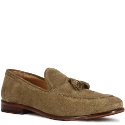 Mocassino In Pelle Scamosciata Fatto A Mano Con Nappine Colore Beige