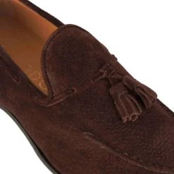 Mocassino In Pelle Scamosciata Fatto A Mano Con Nappine Colore Marrone