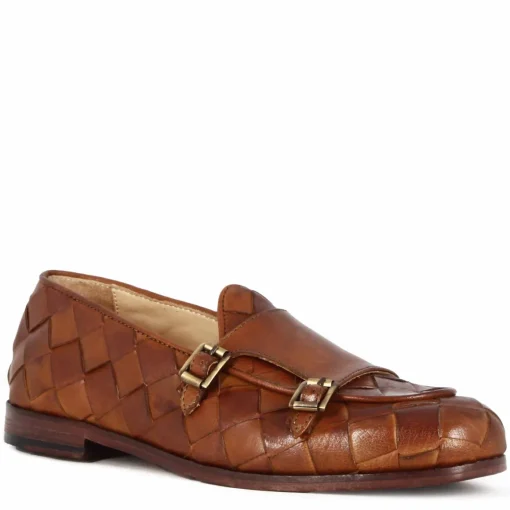 Mocassino Marrone Con Dobbia Fibbia Dorata Da Uomo In Pelle Intrecciata