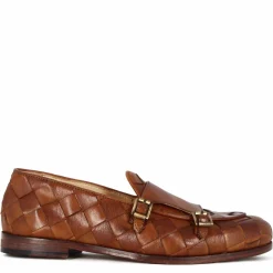 Mocassino Marrone Con Dobbia Fibbia Dorata Da Uomo In Pelle Intrecciata