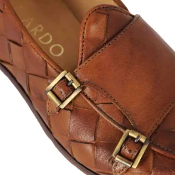 Mocassino Marrone Con Dobbia Fibbia Dorata Da Uomo In Pelle Intrecciata