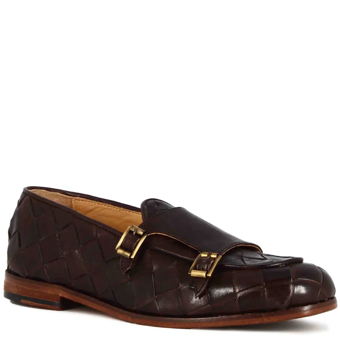 Mocassino Marrone Scuro Con Doppia Fibbia Dorata Da Uomo In Pelle Intrecciata