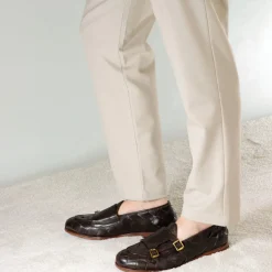 Mocassino Marrone Scuro Con Doppia Fibbia Dorata Da Uomo In Pelle Intrecciata