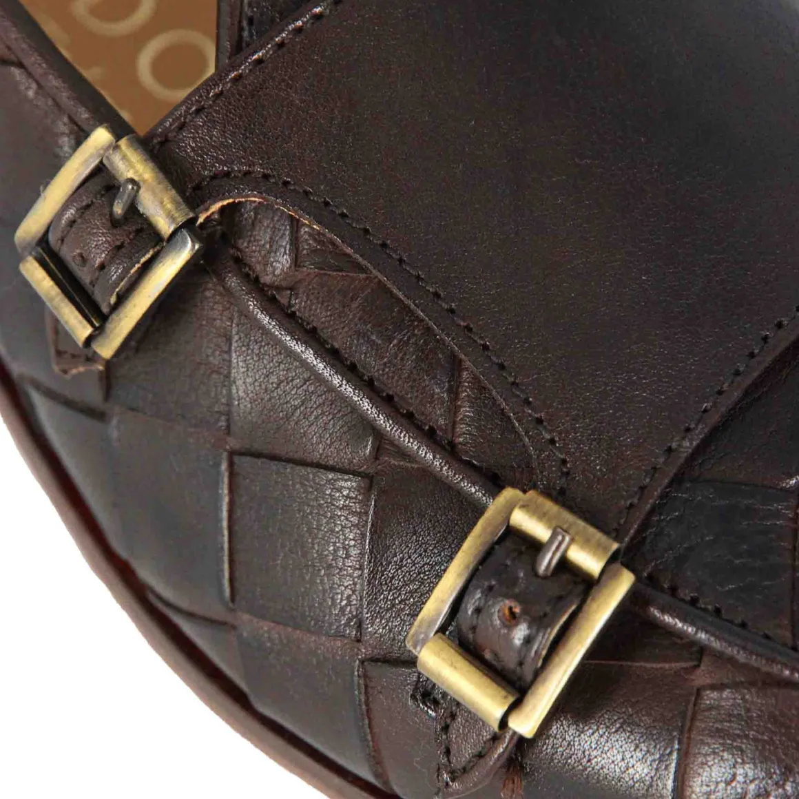 Mocassino Marrone Scuro Con Doppia Fibbia Dorata Da Uomo In Pelle Intrecciata