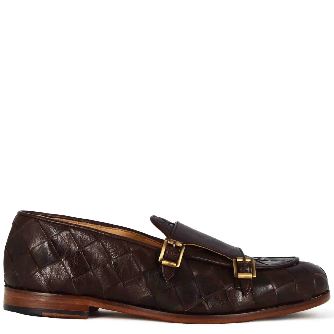 Mocassino Marrone Scuro Con Doppia Fibbia Dorata Da Uomo In Pelle Intrecciata