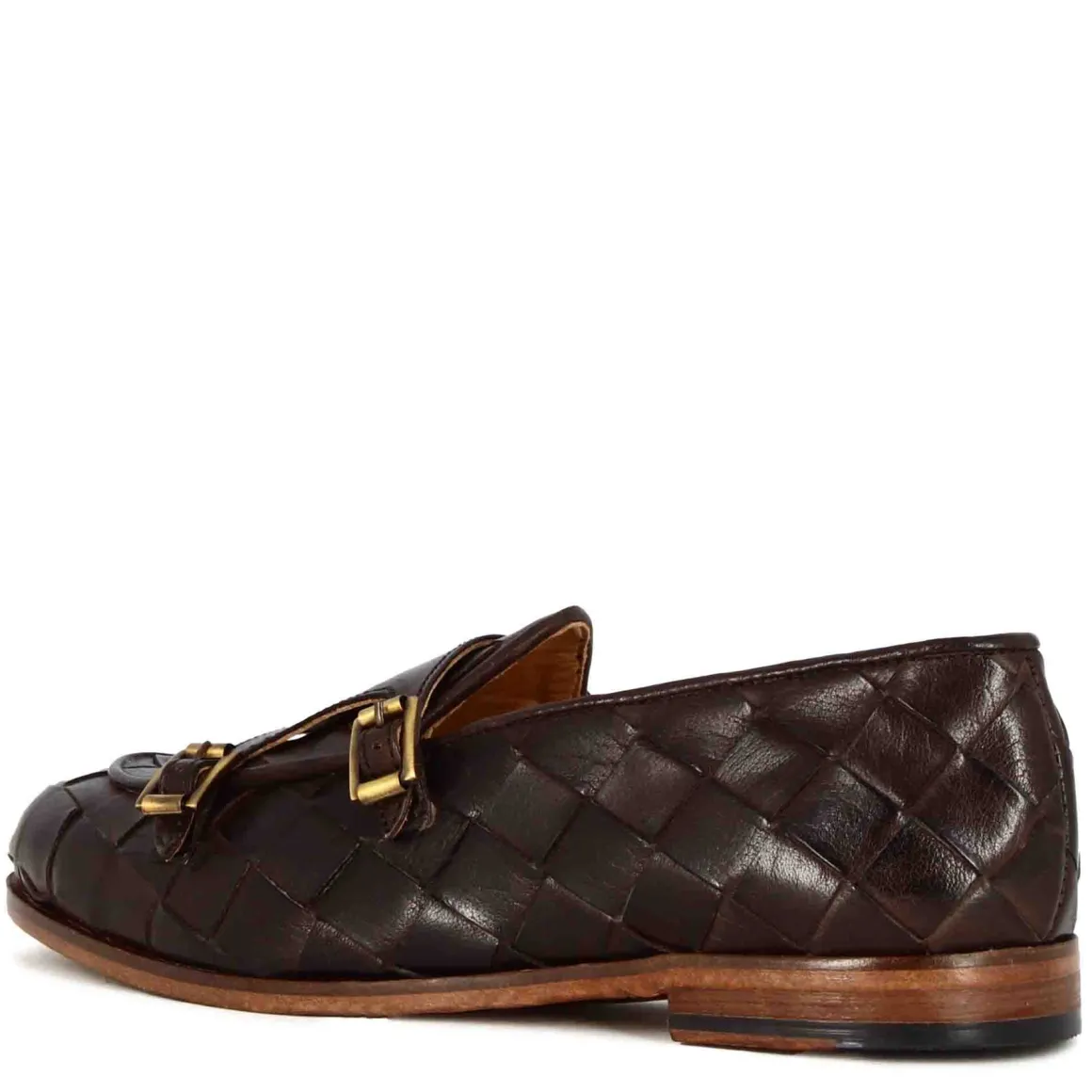 Mocassino Marrone Scuro Con Doppia Fibbia Dorata Da Uomo In Pelle Intrecciata