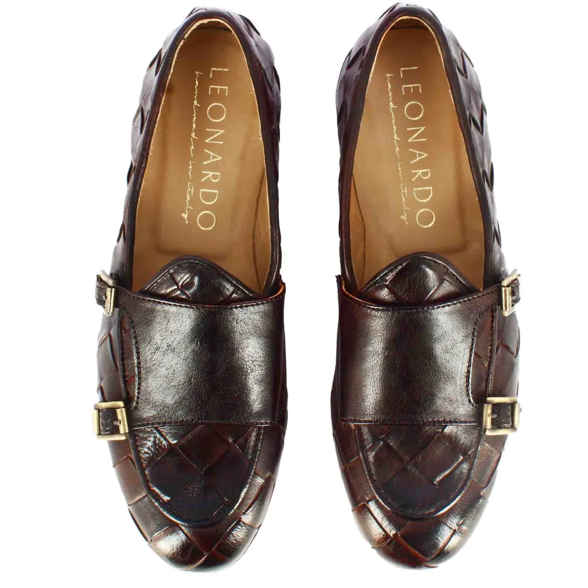 Mocassino Marrone Scuro Con Doppia Fibbia Dorata Da Uomo In Pelle Intrecciata