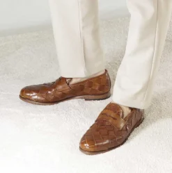 Mocassino Marrone Vintage Elegante Da Uomo In Pelle Intrecciata