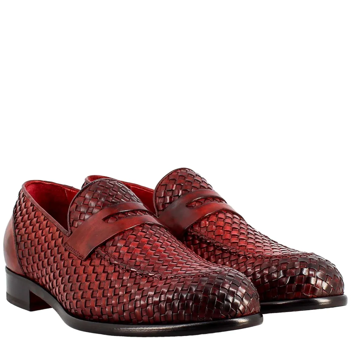 Mocassino Rosso Elegante Da Uomo In Pelle Fiore Intrecciata