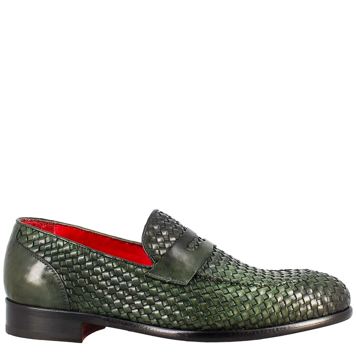 Mocassino Verde Elegante Da Uomo In Pelle Fiore Intrecciata