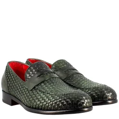 Mocassino Verde Elegante Da Uomo In Pelle Fiore Intrecciata