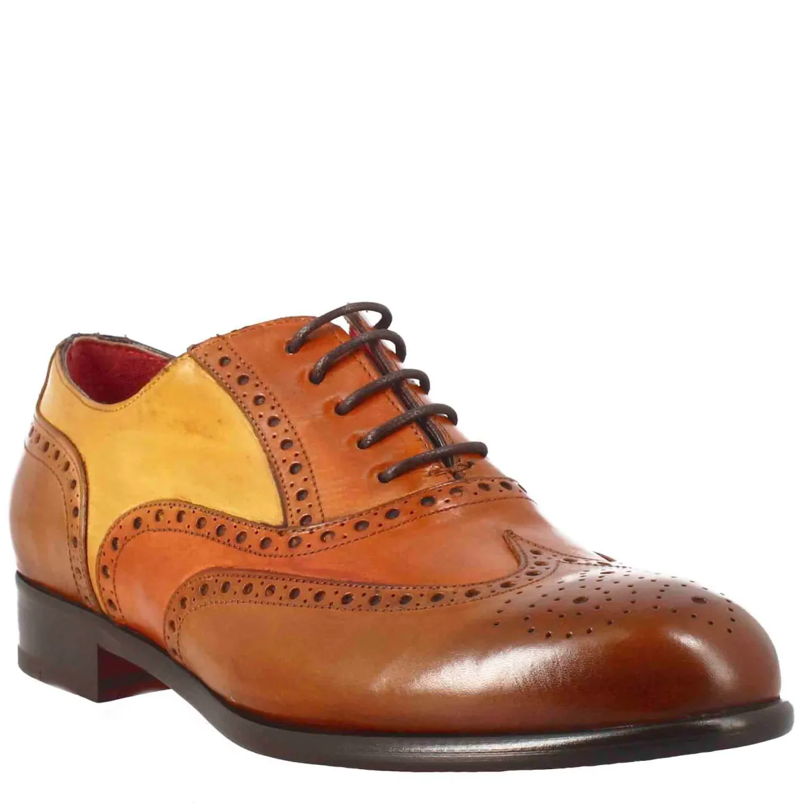 Oxford Brogue Marrone Arancio E Giallo Elegante Da Uomo In Pelle