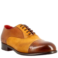 Oxford Marrone E Giallo Elegante Da Uomo In Pelle E Fodera Rossa