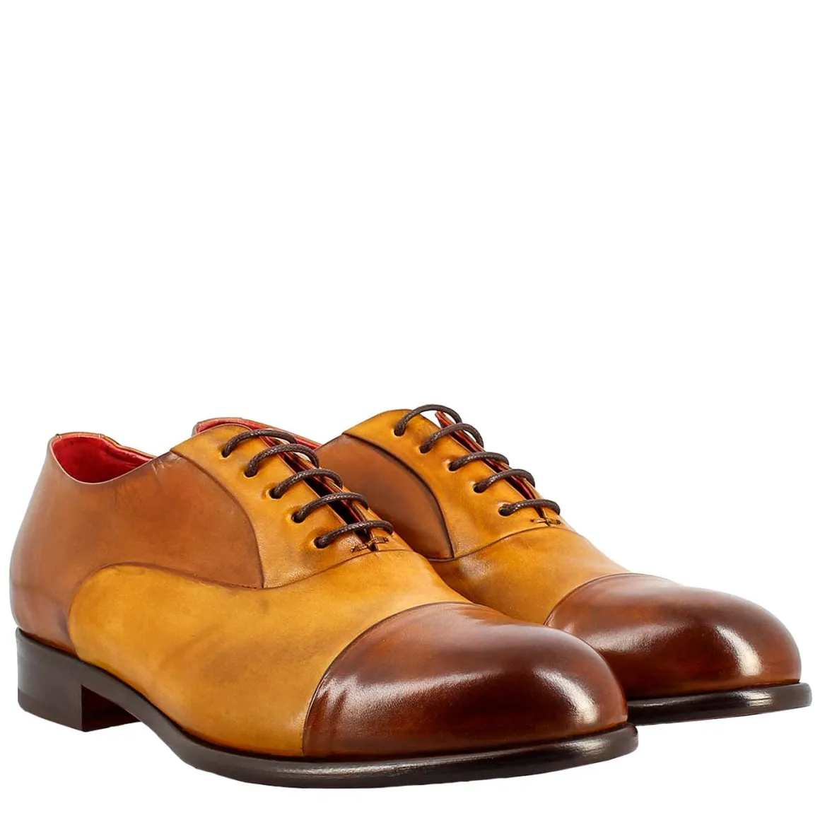 Oxford Marrone E Giallo Elegante Da Uomo In Pelle E Fodera Rossa