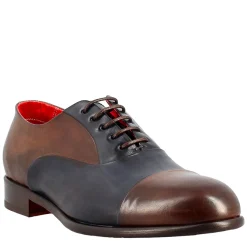 Oxford Marrone Scuro E Blu Elegante Da Uomo In Pelle E Fodera Rossa
