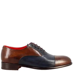 Oxford Marrone Scuro E Blu Elegante Da Uomo In Pelle E Fodera Rossa