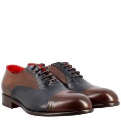 Oxford Marrone Scuro E Blu Elegante Da Uomo In Pelle E Fodera Rossa